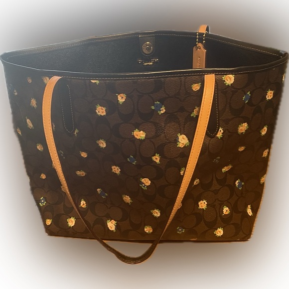 EUC Coach Brown Signature Coated Canvas and Leather Floral Print City Tote - Picture 4 of 12